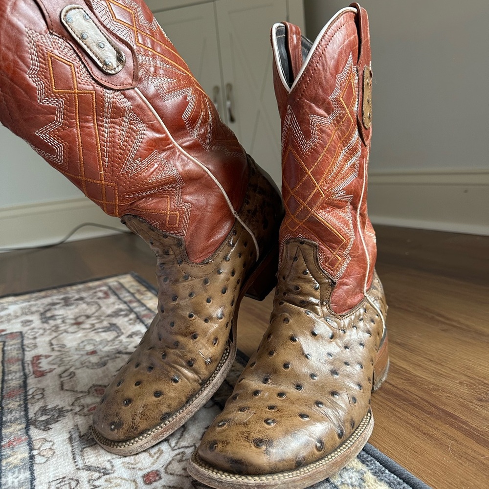 Brown and Red Ostrich Leather Cowboy Boots